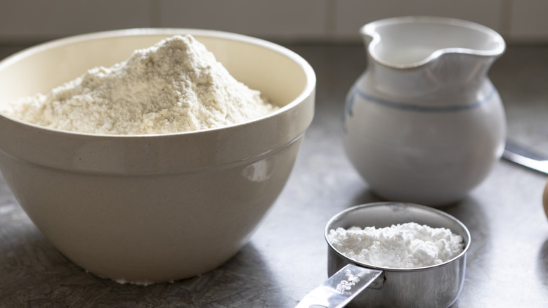 dry ingredients and pitcher of milk