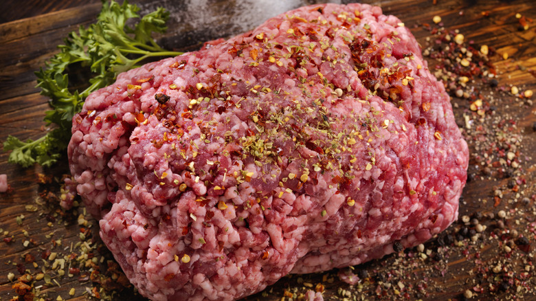 Ground lamb sprinkled with salt and various ground spices