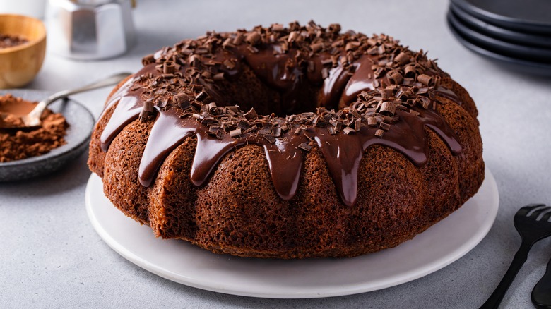 Chocolate bundt cake on a plate