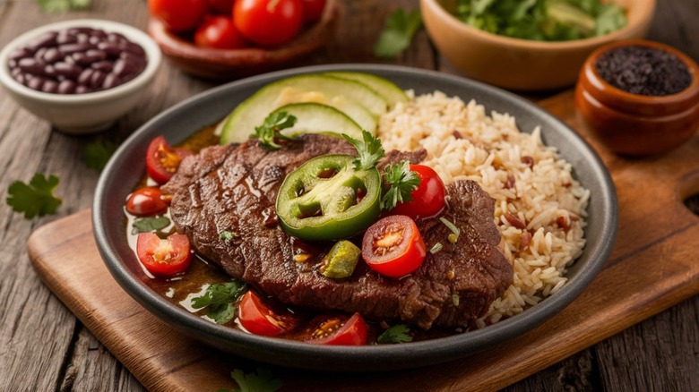 A platter of Carne Asada topped with jalapeño and cherry tomatoes