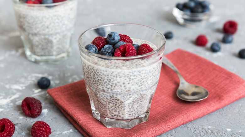 pudding with blueberries, raspberries, chia