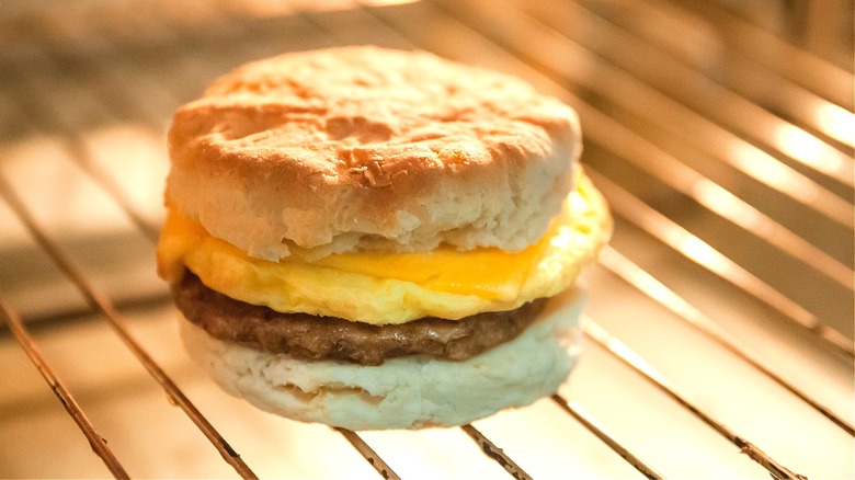 Biscuit breakfast sandwich in oven