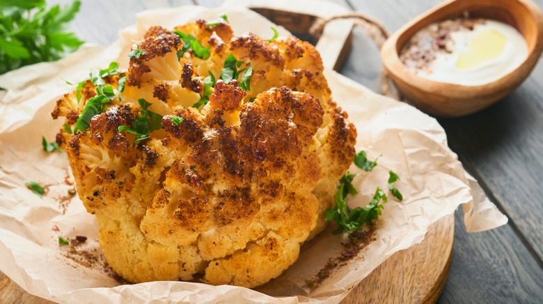 Roasted cauliflower on parchment paper