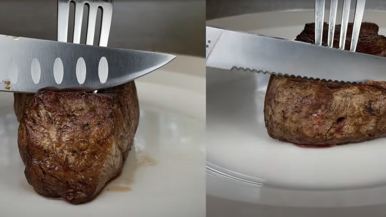 straight knife and serrated knife cutting steak