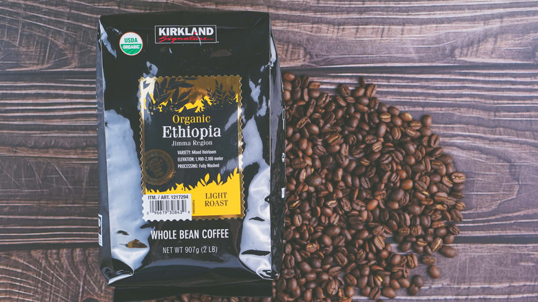 Kirkland organic ethiopia coffee package and coffee beans on table