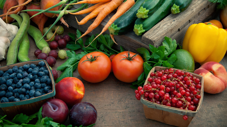 Picture of fruit and vegetables on brown surface