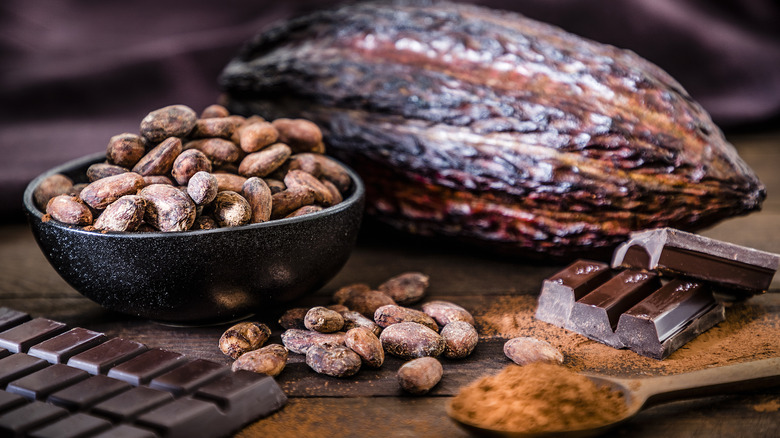 raw cacao beans in a black bowl