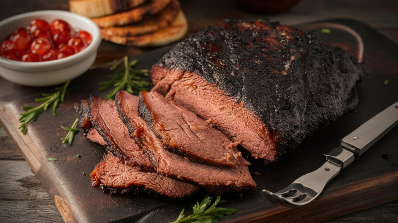 Sliced beef brisket on cutting board