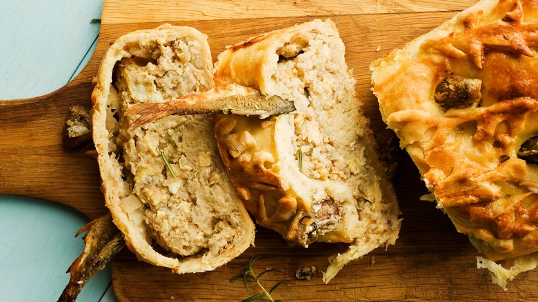 fish pie slices on a chopping board