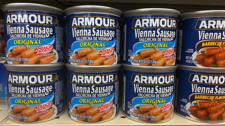 Cans of Vienna sausages stacked