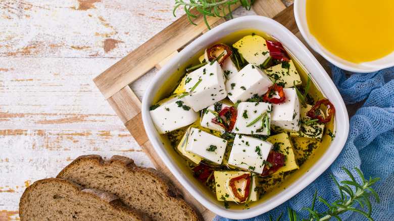 halloumi in marinade with herbs