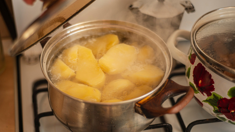 Potatoes boiling in a pan on a stove