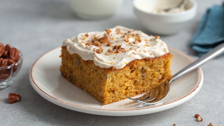 Pumpkin bar on a plate with a fork next to it