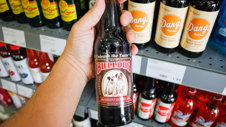 A person holding a bottle of root beer