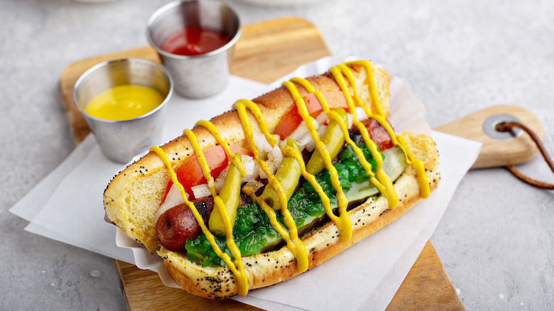 Chicago dog covered in mustard