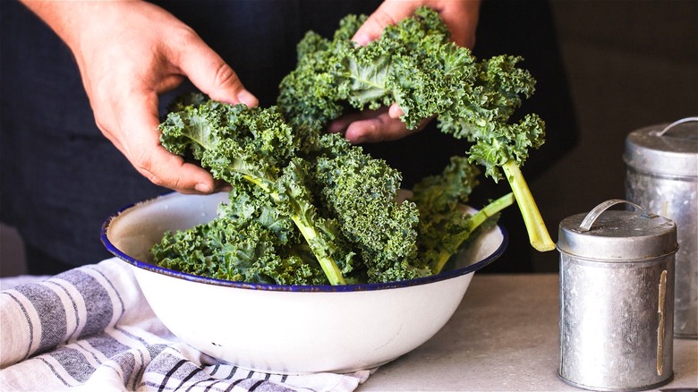 Hands holding raw kale over bowl 