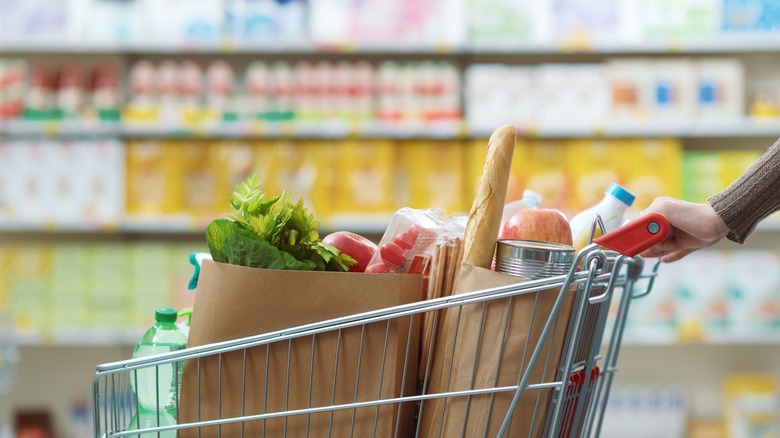 Hand pushes grocery cart