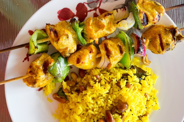 Chicken Kebabs and Lemon Rice