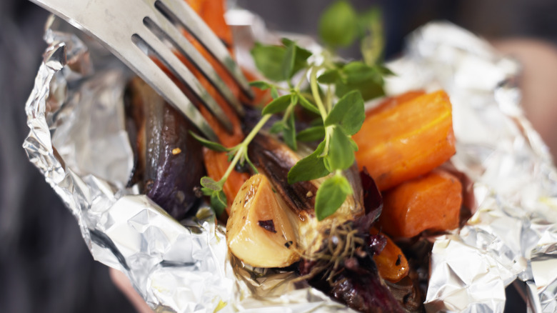 Foil packet with cooked veggies