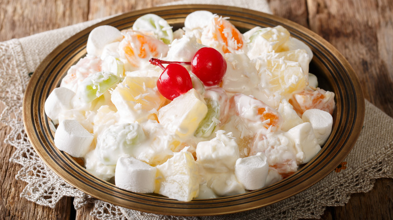 a bowl of ambrosia salad on table