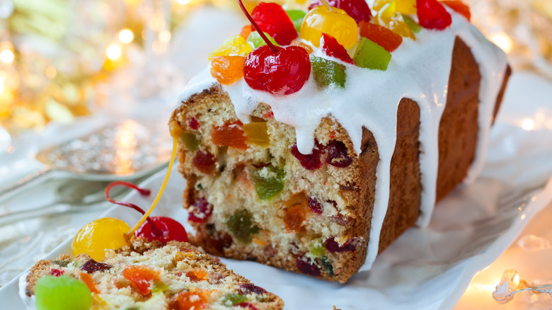 slice cut from loaf of fruitcake