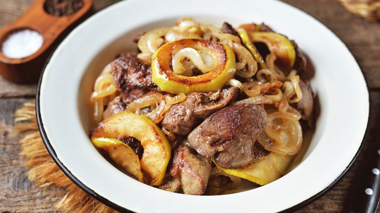 a bowl of liver and onions