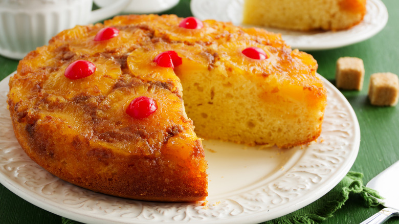 slice cut out of a pineapple upside-down cake