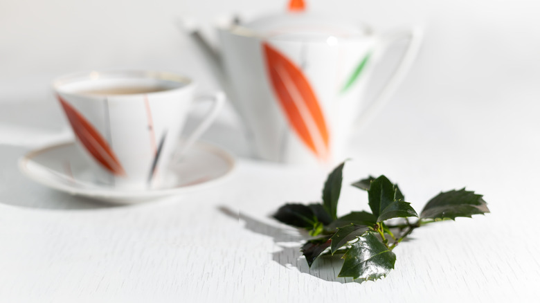 Yaupon leaves and teacup