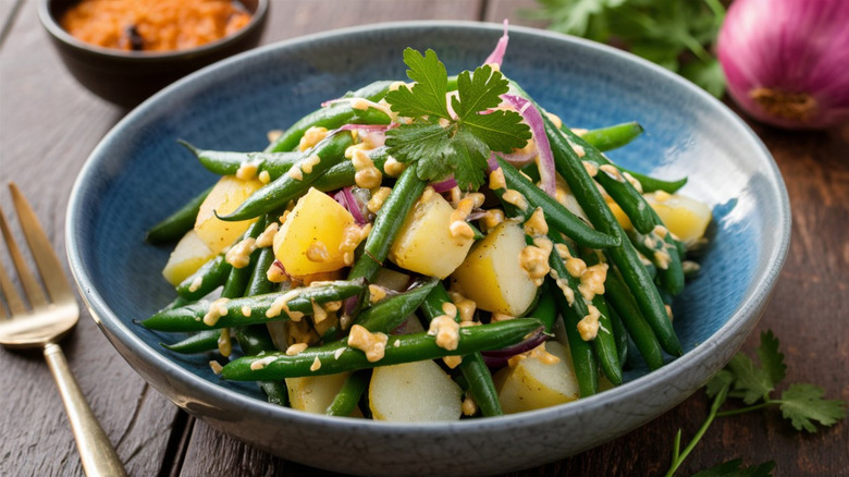 Raw green beans and potatoes in a bowl