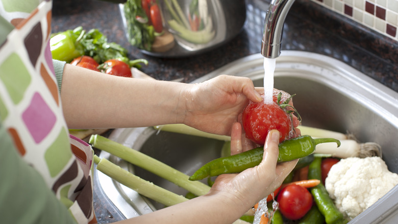 washing tomatoes, pepper, vegetables in sink