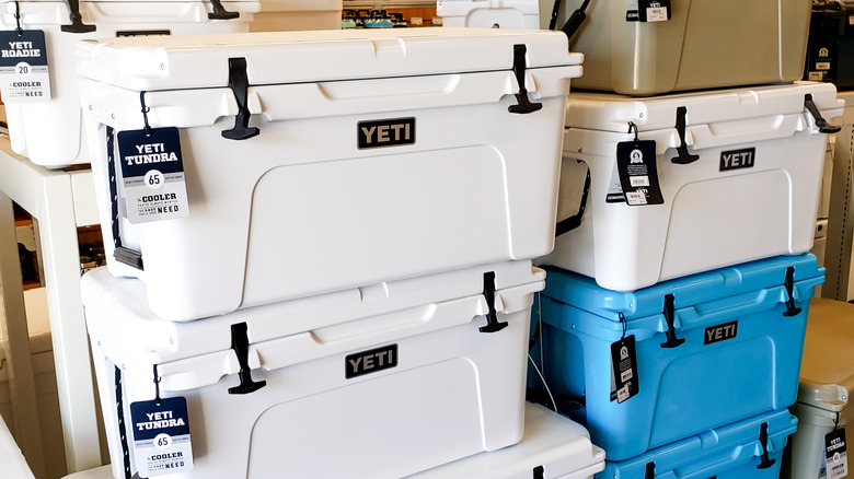 Stacks of YETI coolers