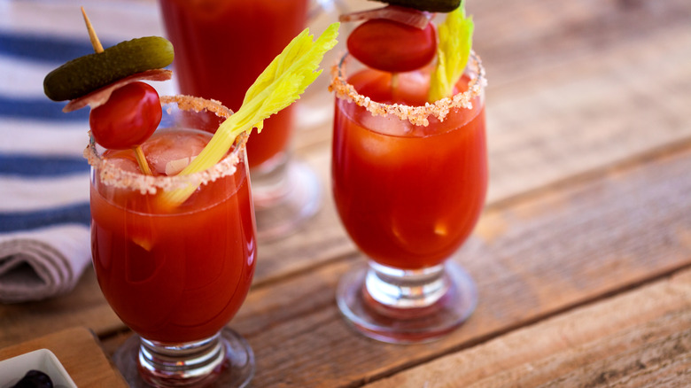 Bloody Marys with colorful garnishes