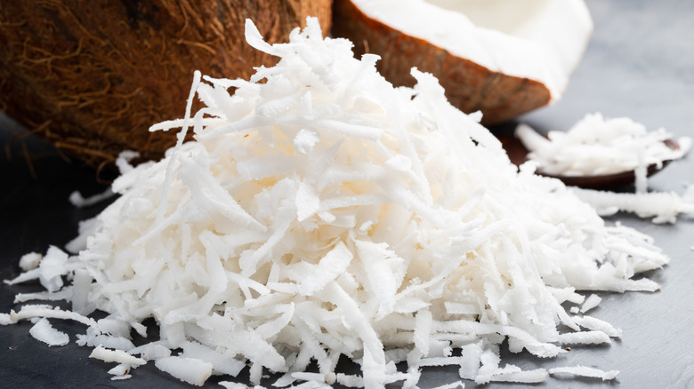 Pile of white coconut flakes