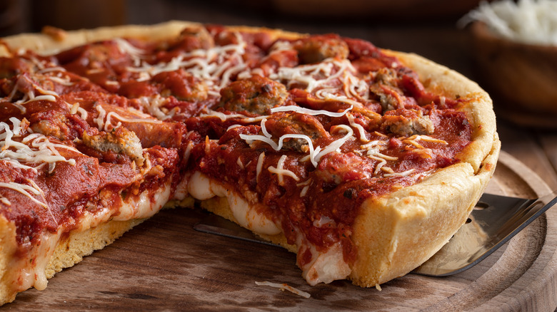 Close-up of deep-dish pizza