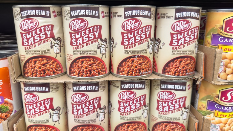 Dr. pepper baked beans on grocery store shelf