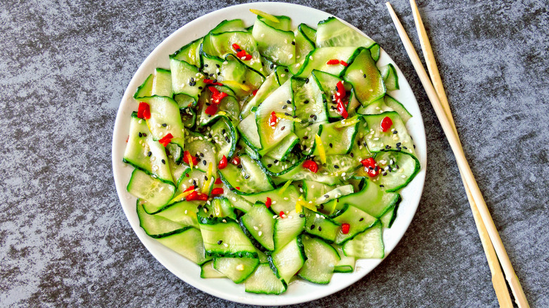 Cucumber strips in a salad