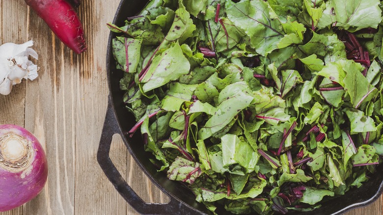 Beet greens in skillet