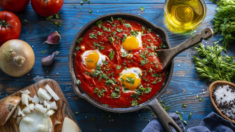 cast iron pan with shakshuka