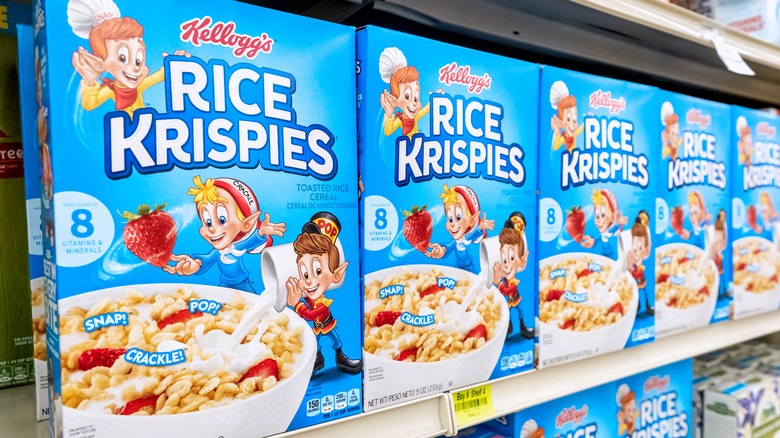 boxes of Rice Crispies cereal on a store shelf