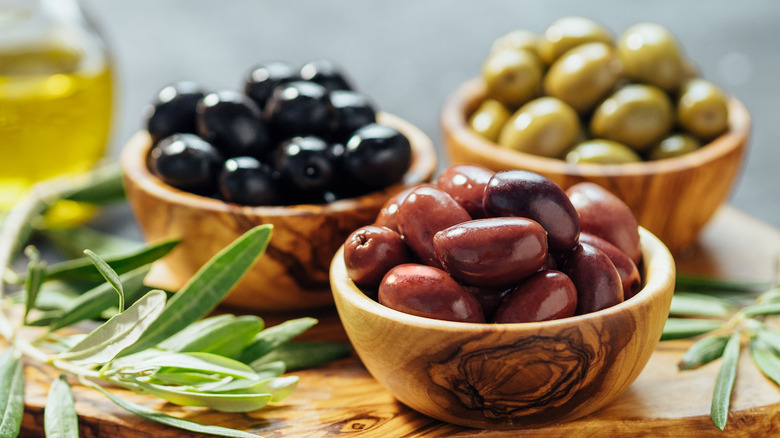 Various olives in bowls