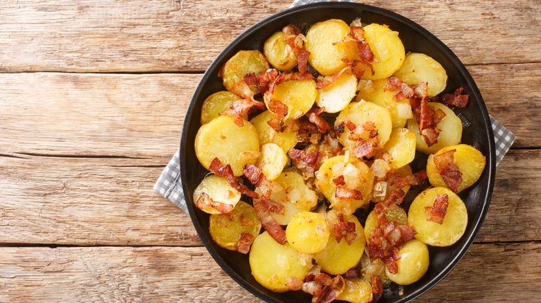 roasted shingle potatoes topped with bacon