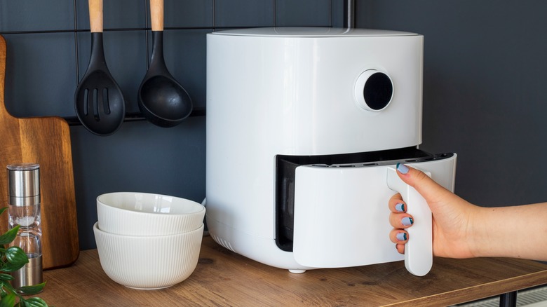 Hand opening air fryer on counter