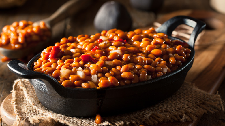 BBQ baked beans in skillet