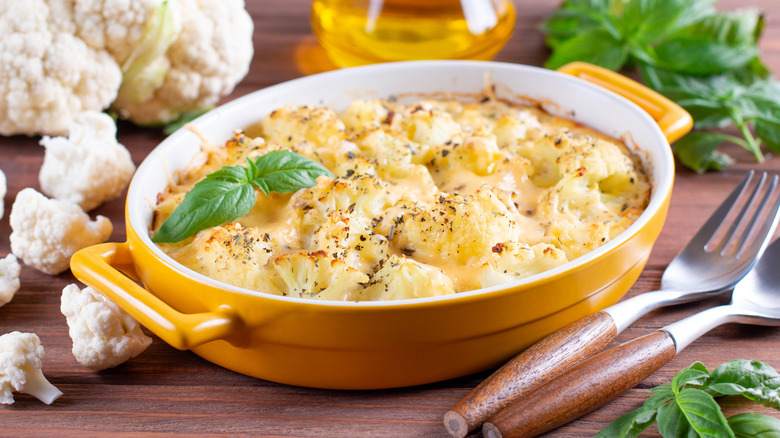 Cauliflower casserole in yellow dish