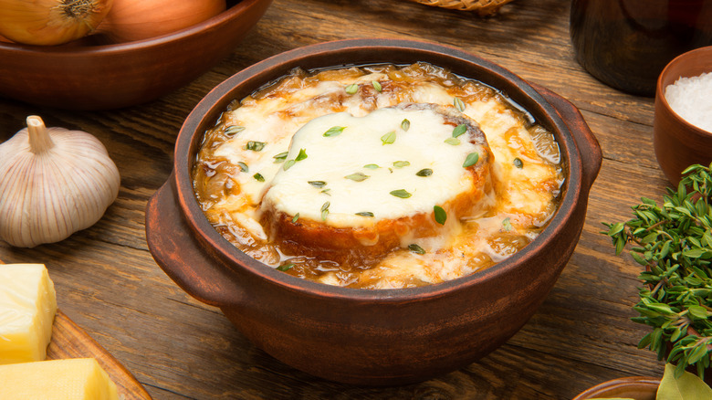 Crock of French onion soup