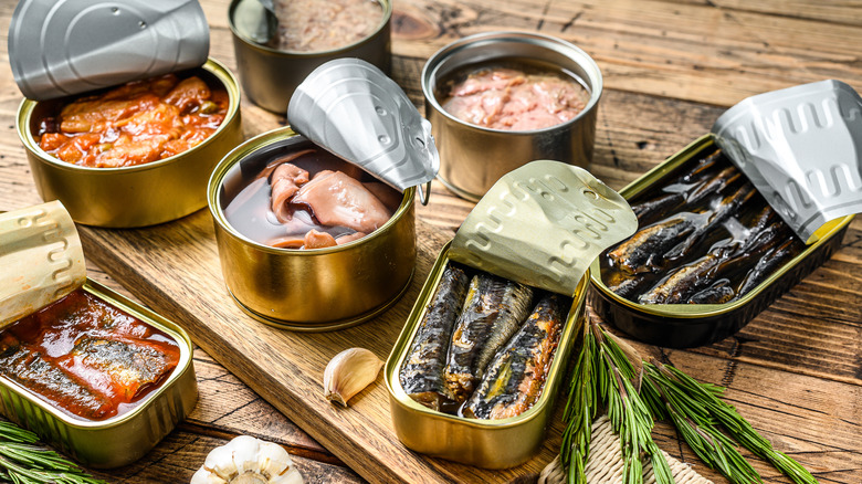 Different types of canned seafood