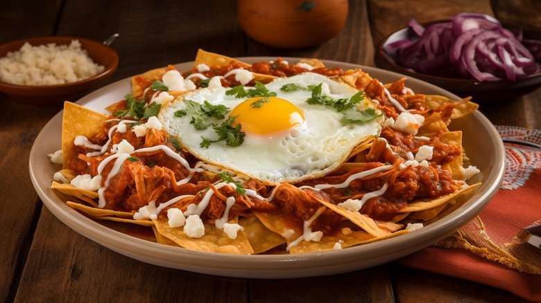 Sauced nachos with fried egg.