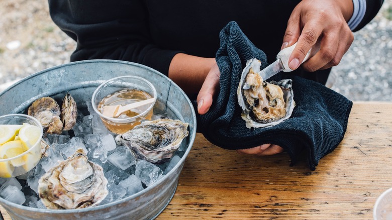 Person shucking oysters