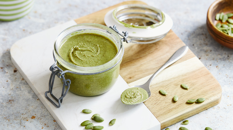 Pumpkin seed butter in a glass jar