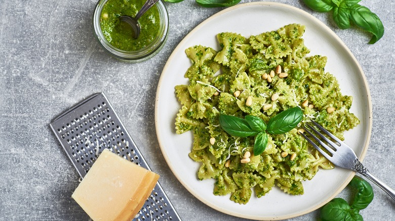 Pesto pasta on white dish